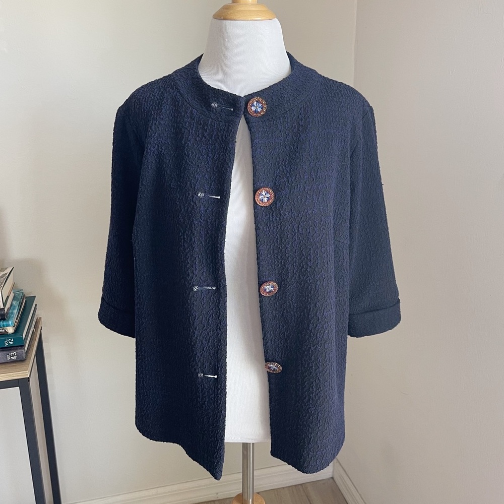 J. McLaughlin Navy 3/4 Sleeve Jacket Cardigan Outerwear Blazer
